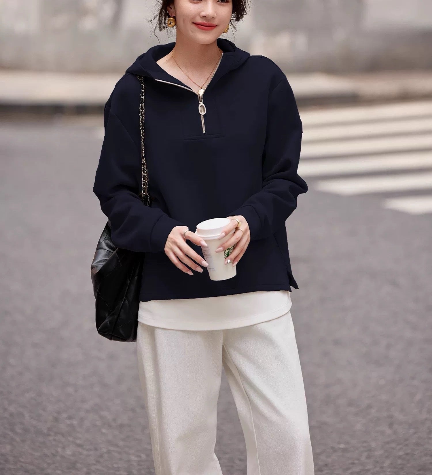 Fake Two-piece Air Layer Casual Half Loose Zip Top