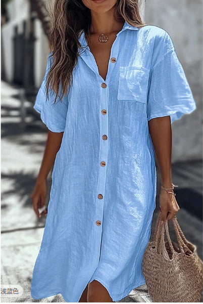 Long Button Short Sleeve Linen Elegant Shirt