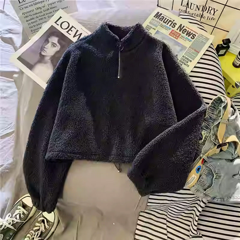 Women's Half Turtleneck Fleece-lined Thick Lambskin Sweater