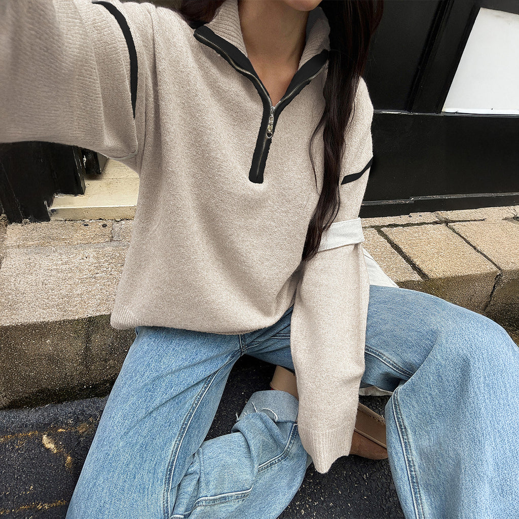 Simple Solid Color Long Sleeve Zipper Sweaters Women's Clothing