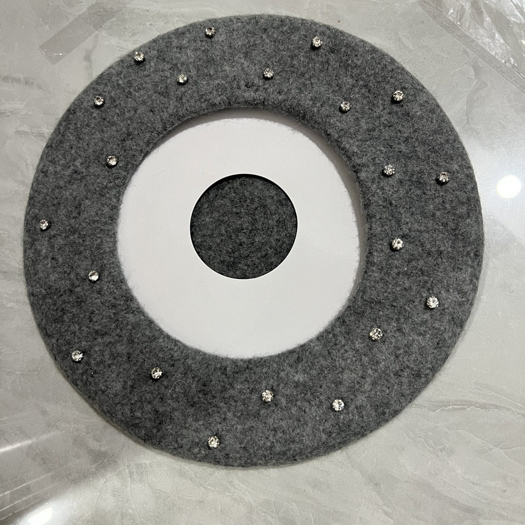 Japanese And Korean Woolen Black Crystal Beret Women's British Retro