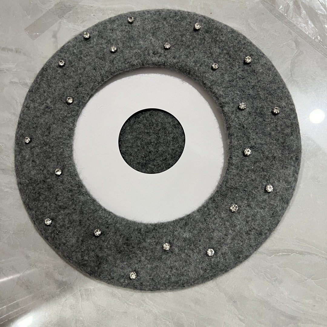 Japanese And Korean Woolen Black Crystal Beret Women's British Retro