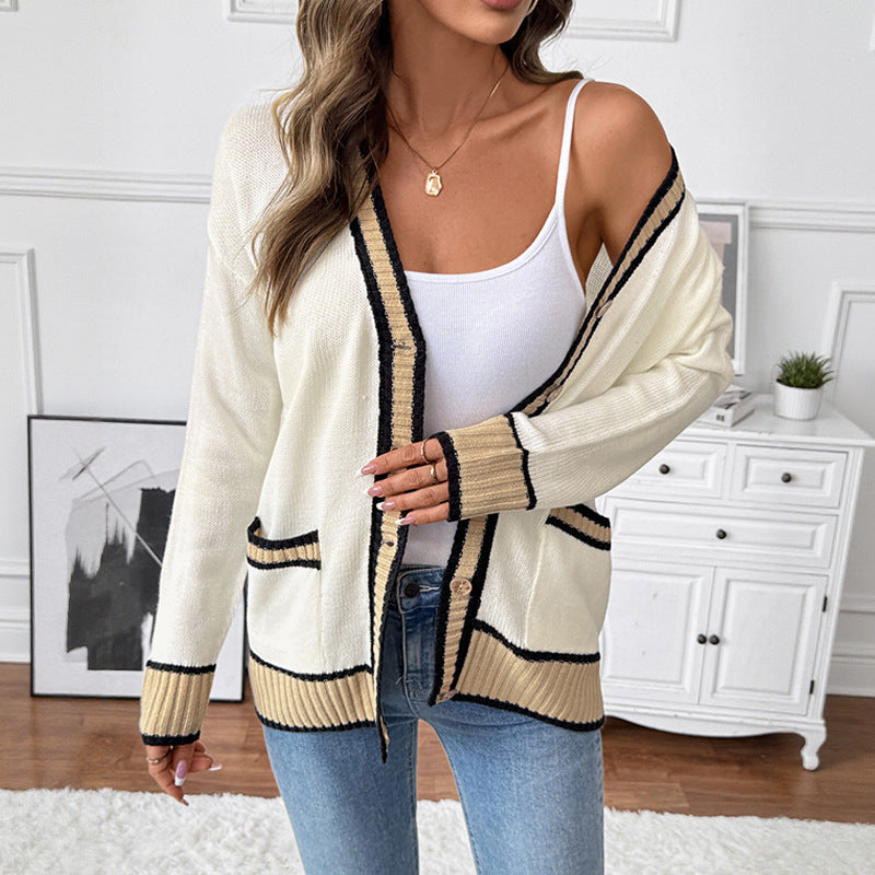 Loose V-collar Contrast Color Sweater Cardigan For Women