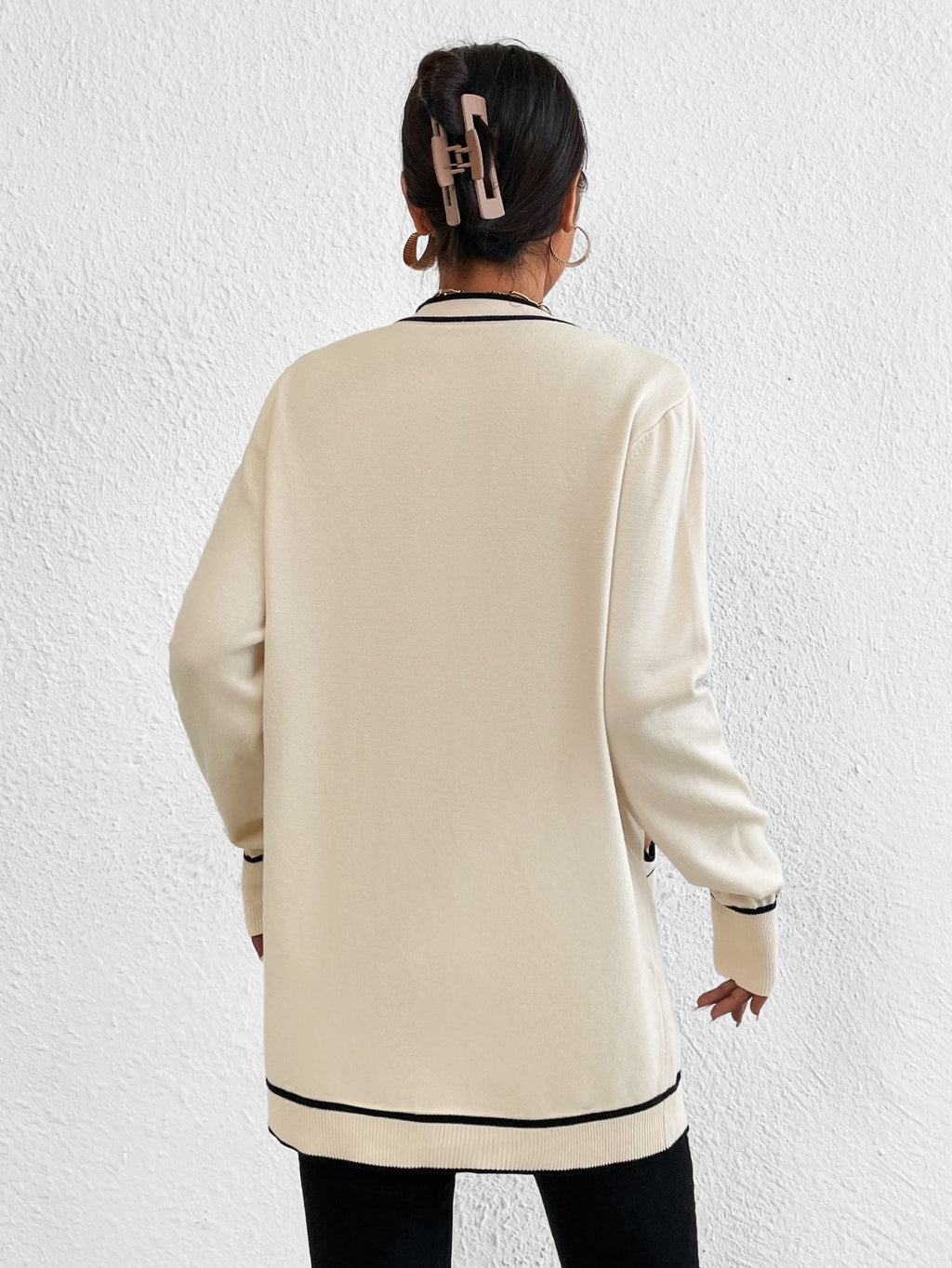 Striped Trim Dual Pocket Cardigan Long Sleeve Tops