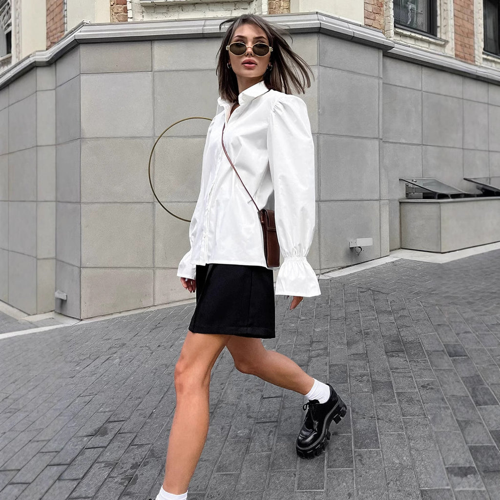 White Loose Puff Sleeves Shirt Women's Top