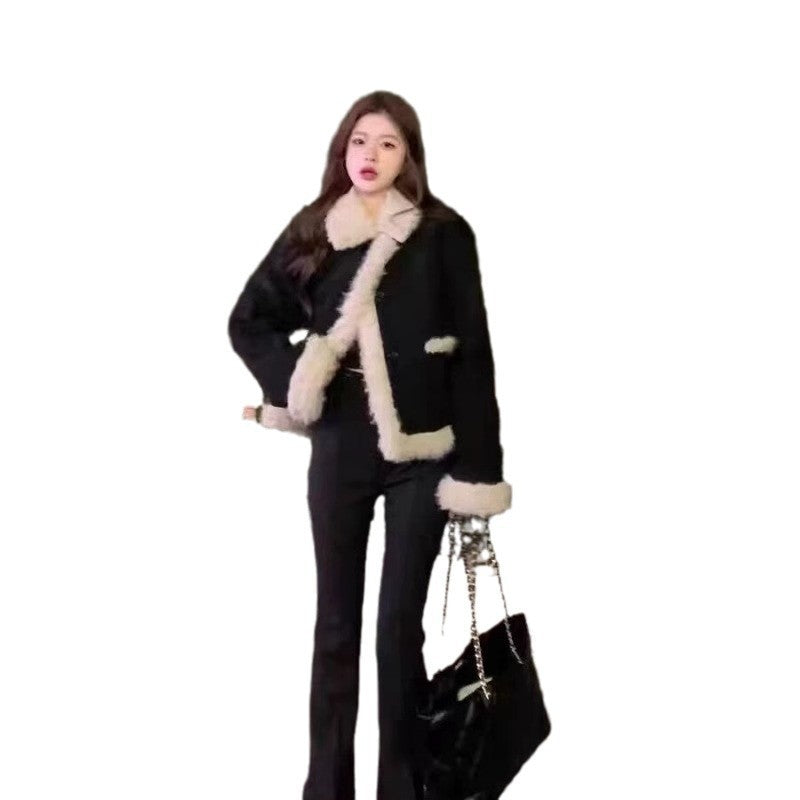 Lamb Wool Coat Women's Black Long Sleeve