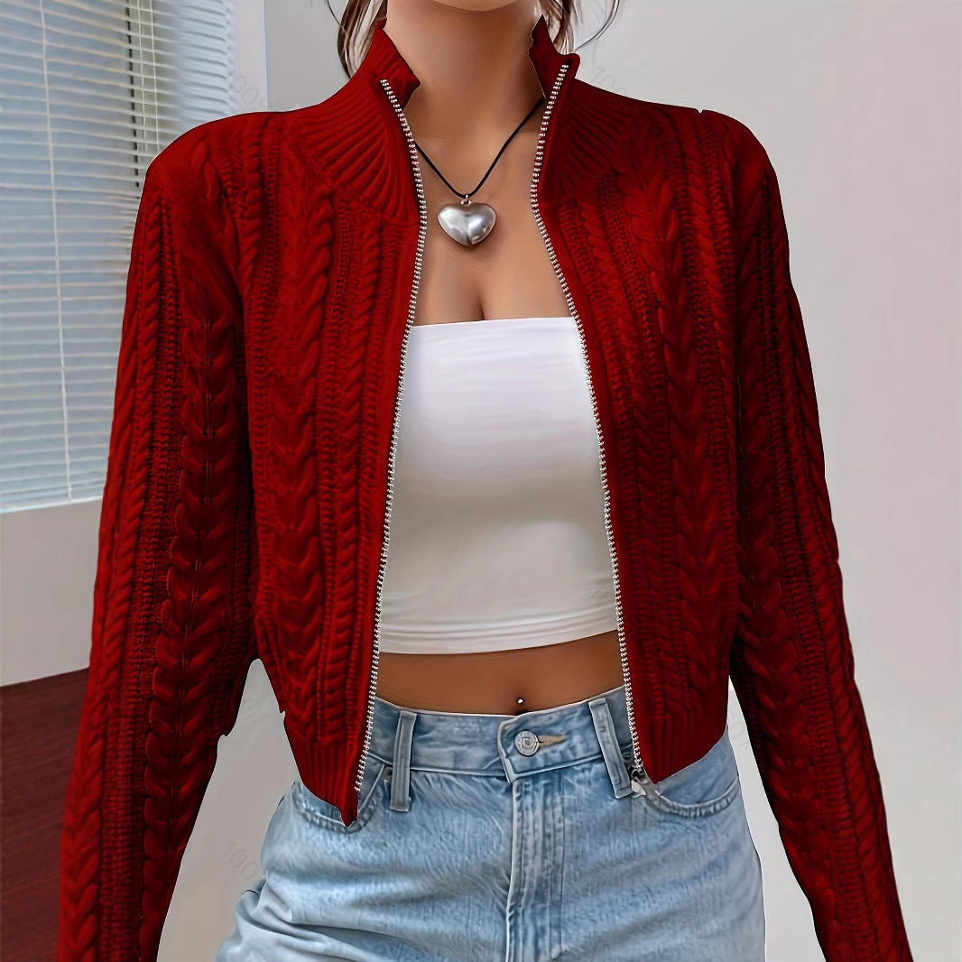 Short Retro Hemp Pattern Double-headed Zipper And Lapel Sweater Coat