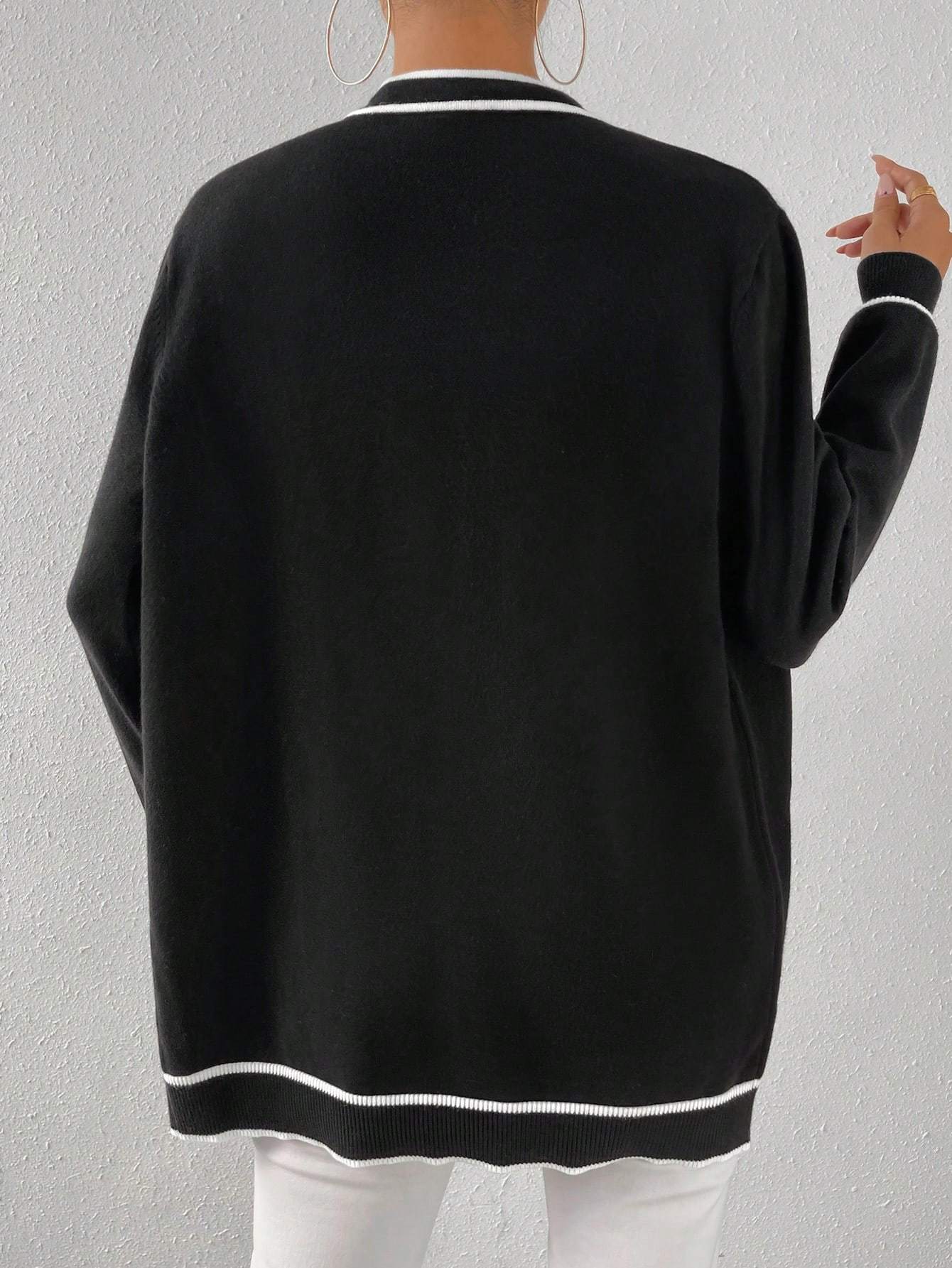 Striped Trim Dual Pocket Cardigan Long Sleeve Tops