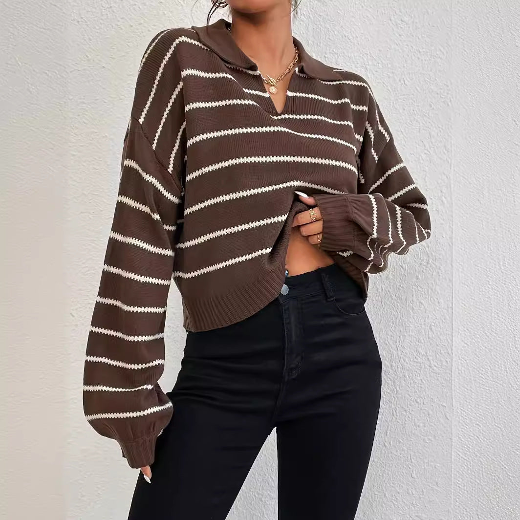 Winter Loose All-matching Striped Lapel Knitted Pullover Sweater