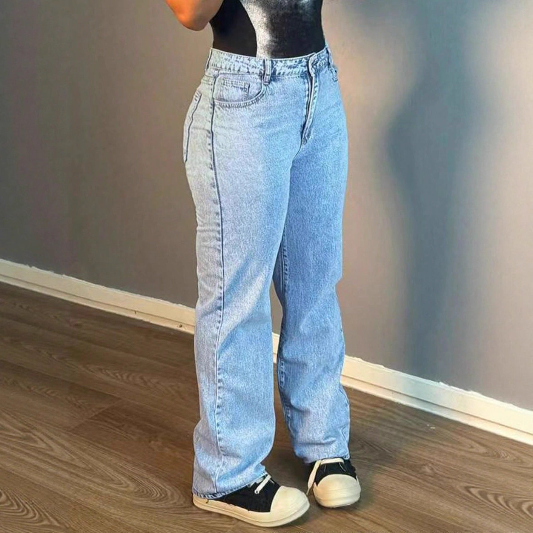 Fashionable All-match Simple Solid Color Elegant Elegant Straight Jeans For Women