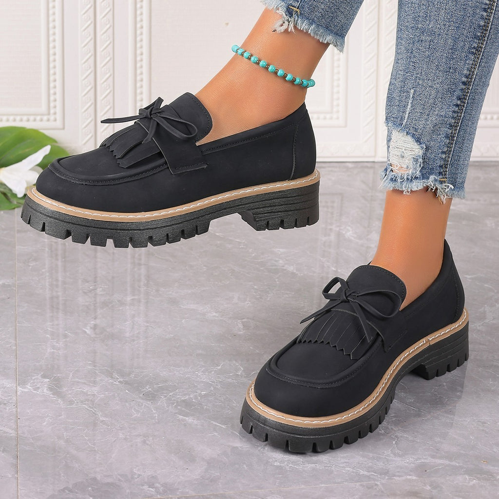 Plus Size Loafers Women Tassel Thick Heel Bowknot