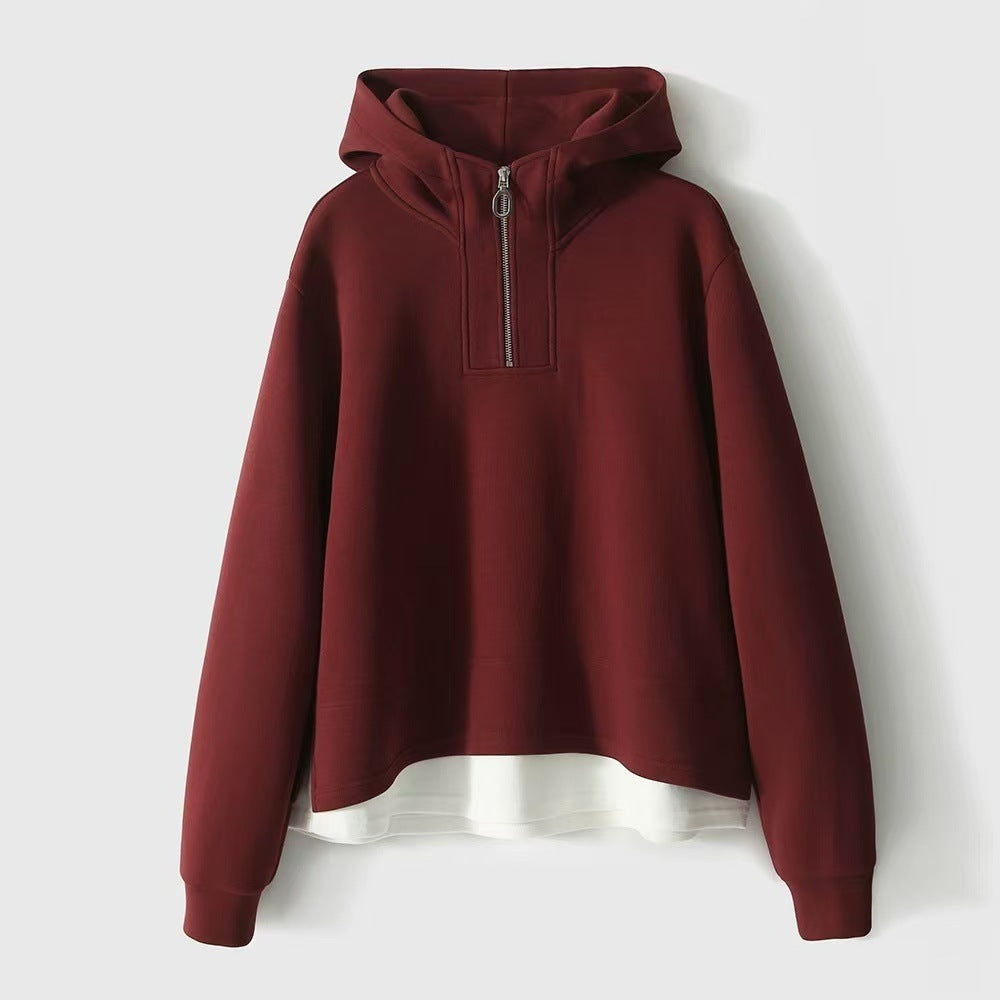 Fake Two-piece Air Layer Casual Half Loose Zip Top