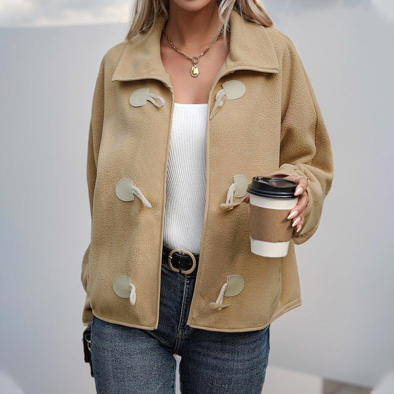 Loose Polar Fleece Lapel Horn Button Coat