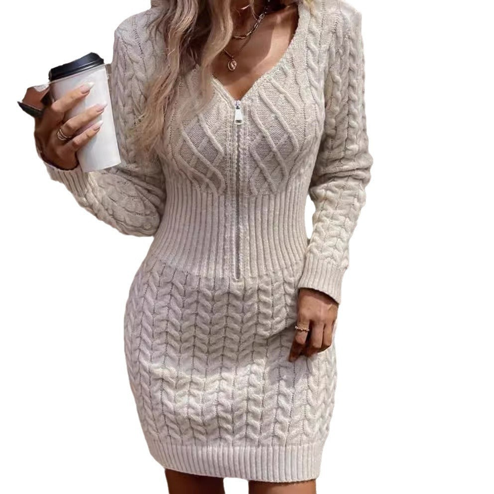 Embossed Zipper Casual Knitted Dress Women
