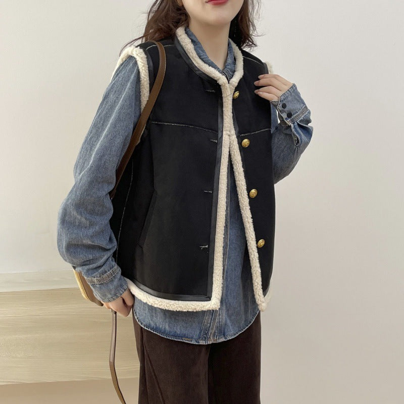 Retro Crew Neck Short Leather And Fur Vest