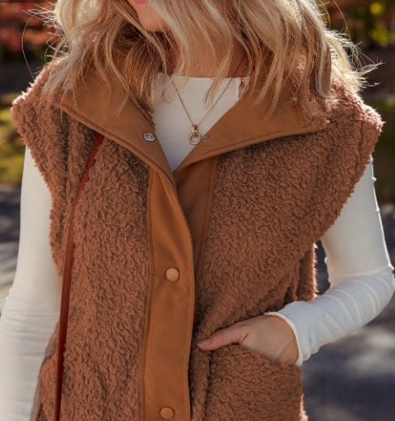 Cinnamon Faux Fur Snap-front Knot Side Plush Vest With Pockets