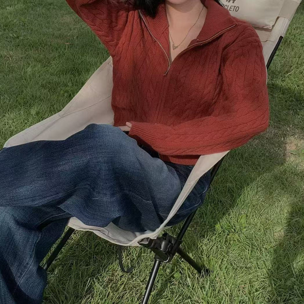 High-grade Lapel Double Zipper Twist Solid Color Sweater