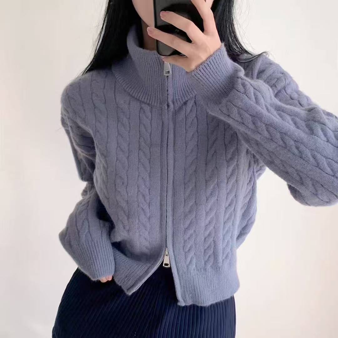 High-grade Lapel Double Zipper Twist Solid Color Sweater