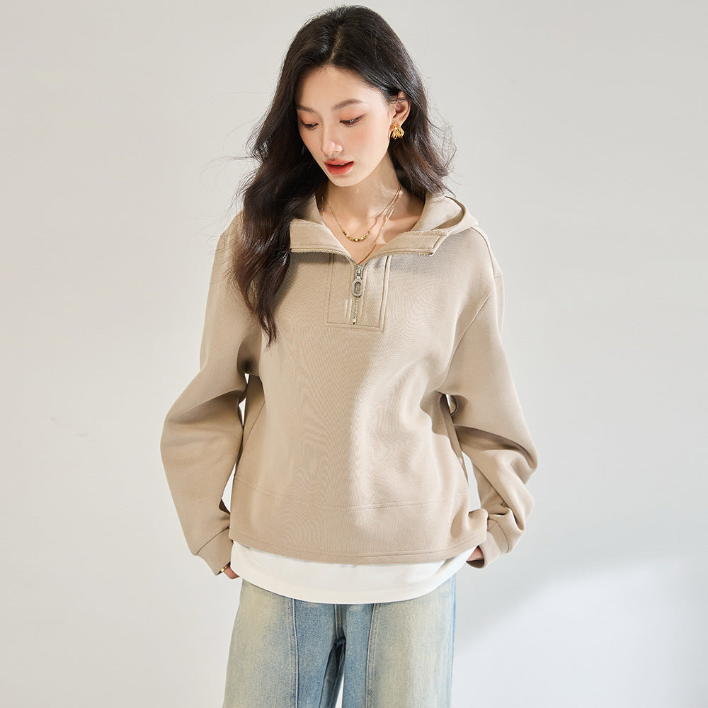 Fake Two-piece Air Layer Casual Half Loose Zip Top