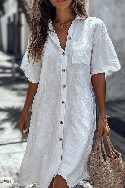 Long Button Short Sleeve Linen Elegant Shirt