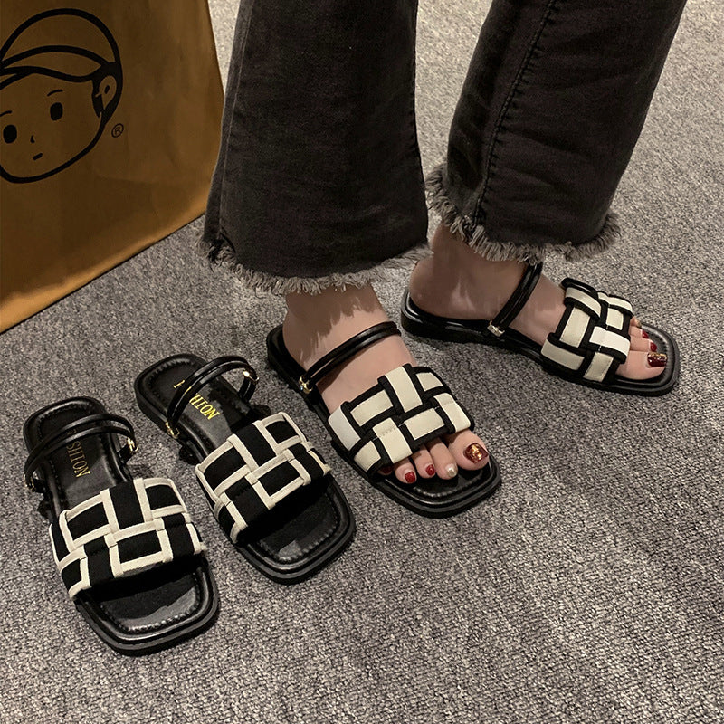 Square Toe Sandals Women's Canvas Check Pattern Flat Sandals