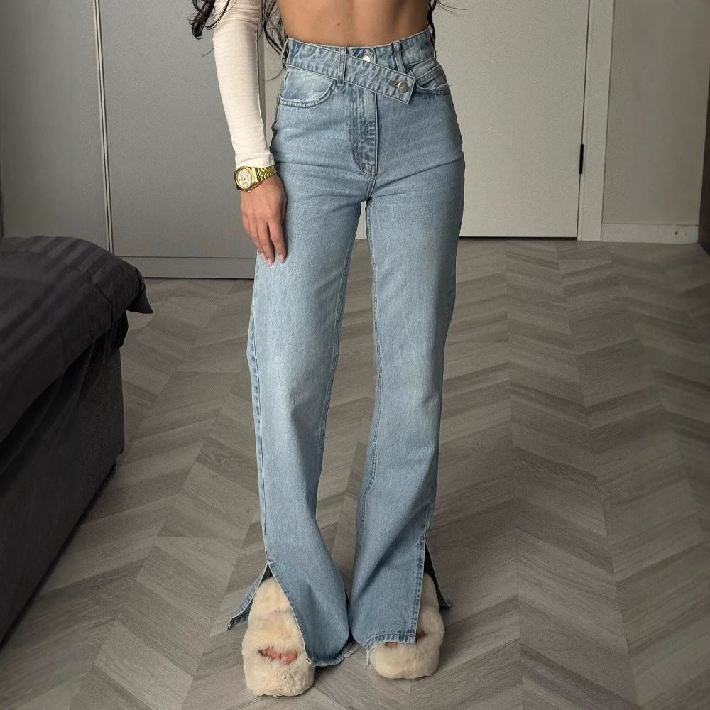 European And American Irregular Waist Design Jeans Casual