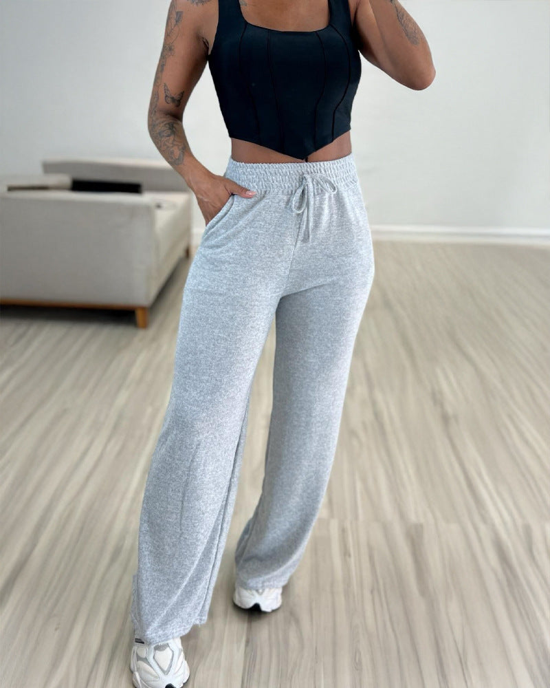 Solid Color High Waist Lace-up Elastic Waist Trimming Casual Trousers