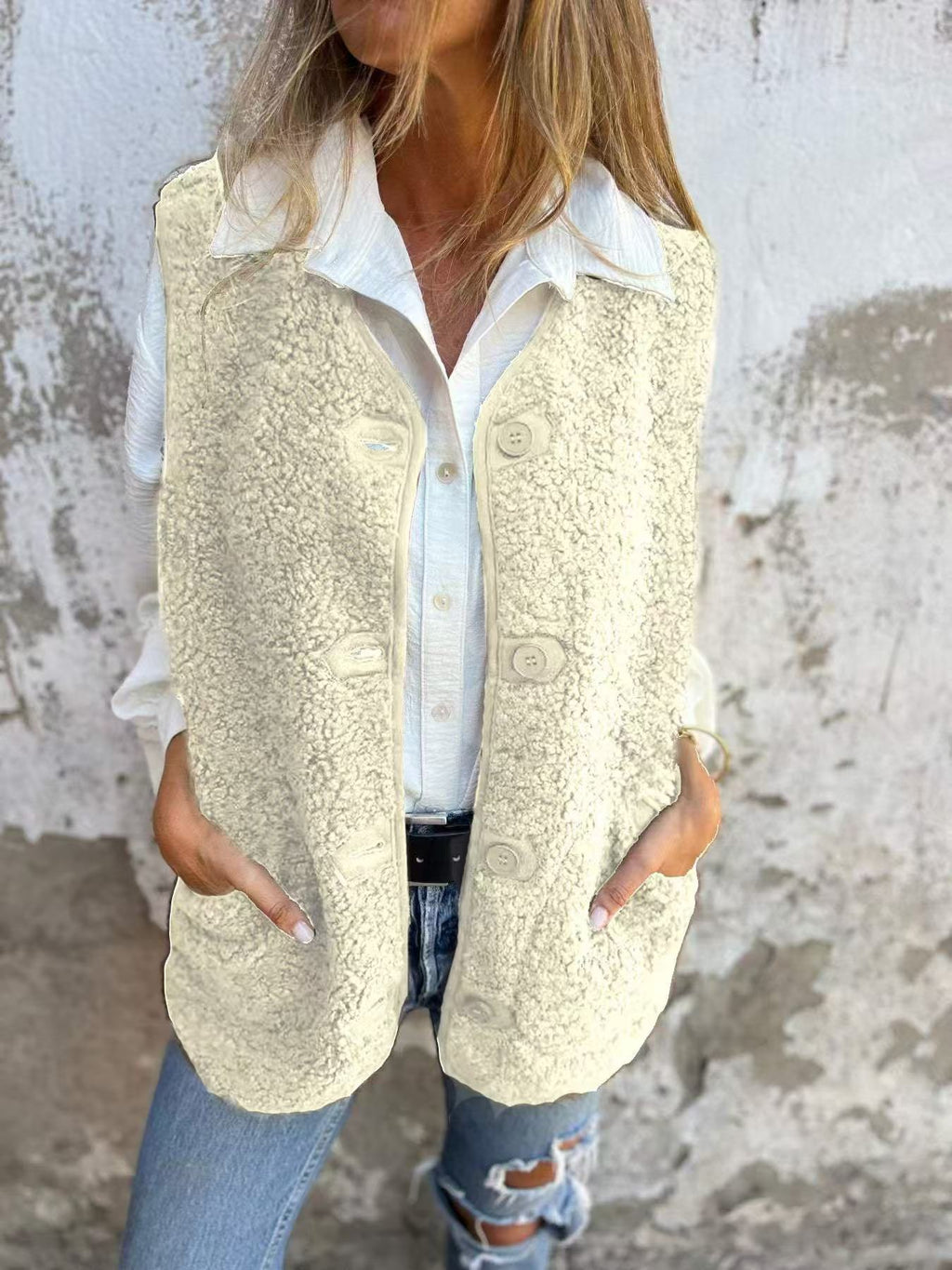 Lambswool Fleece Button Jacket Vest Coat