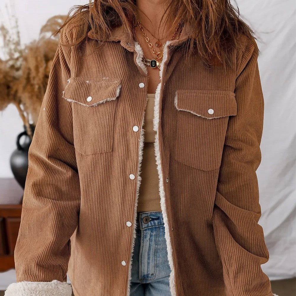 Cinnamon Fleece Lined Buttoned Flap Pockets Corduroy Jacket
