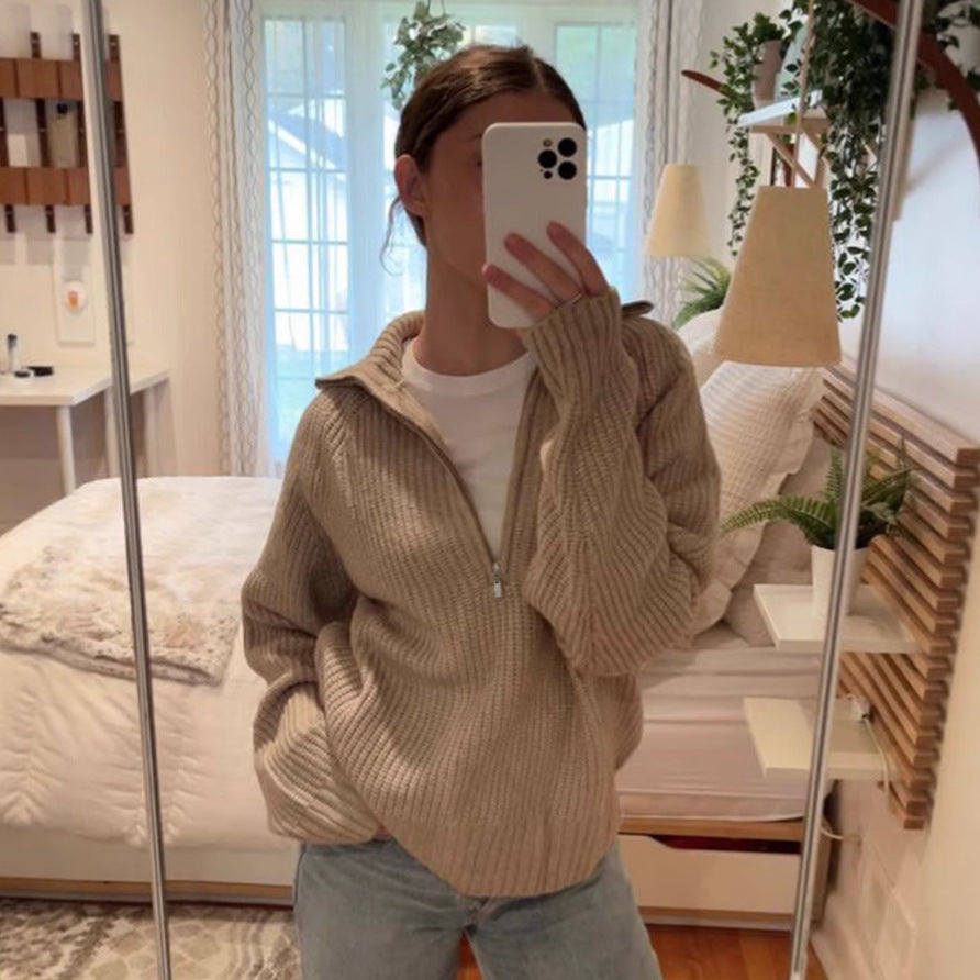 Half Open Placket Zipper Pullover Knitted Top