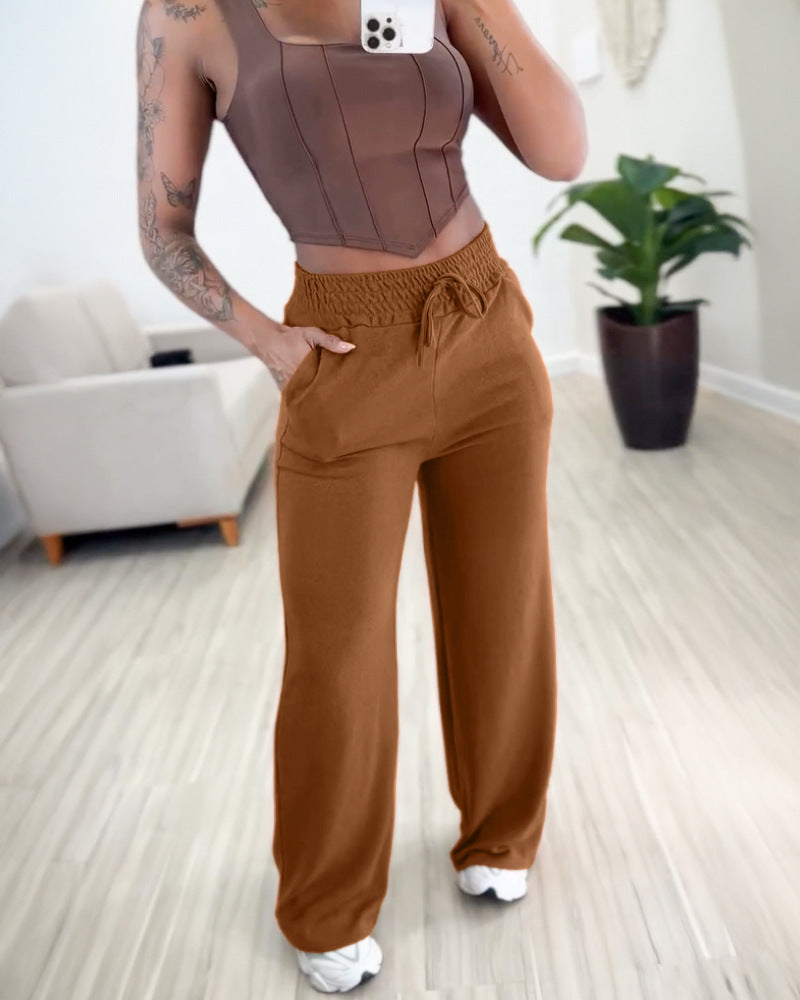 Solid Color High Waist Lace-up Elastic Waist Trimming Casual Trousers