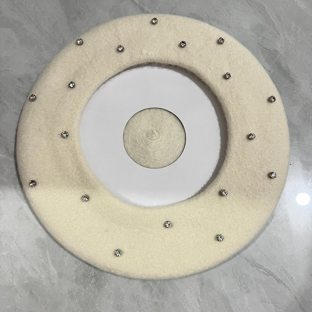 Japanese And Korean Woolen Black Crystal Beret Women's British Retro