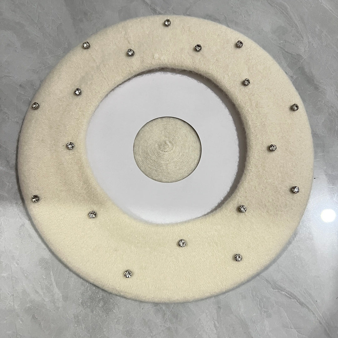 Japanese And Korean Woolen Black Crystal Beret Women's British Retro