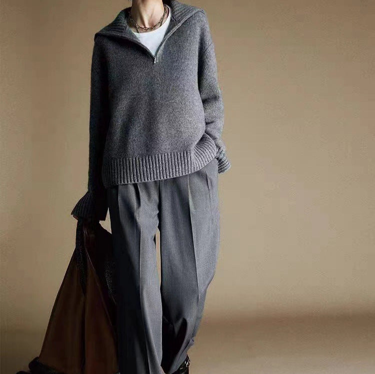 French Style High-grade Large Lapel Half Zipper Pullover