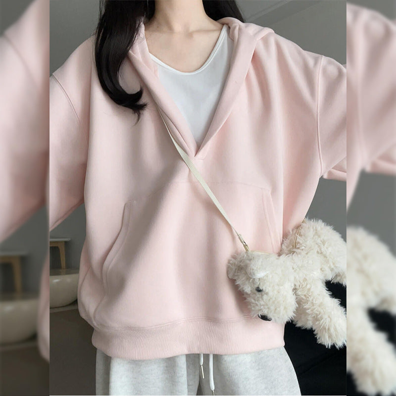 Gray Hooded Sweater For Women Fleece-lined Thick Loose Casual Sweatshirt