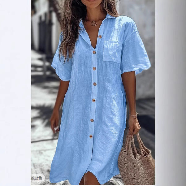 Long Button Short Sleeve Linen Elegant Shirt