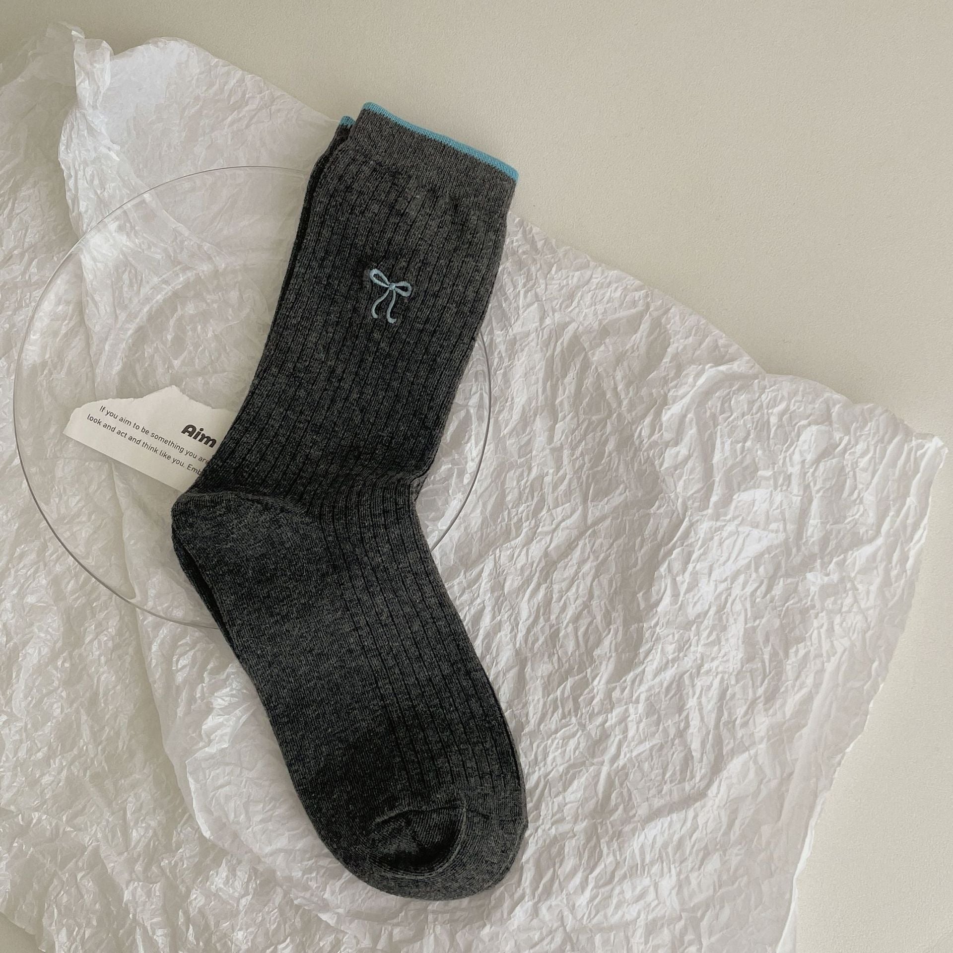 South Korea Ins Wear Blogger Color Block Embroidery Bow Bunching Socks