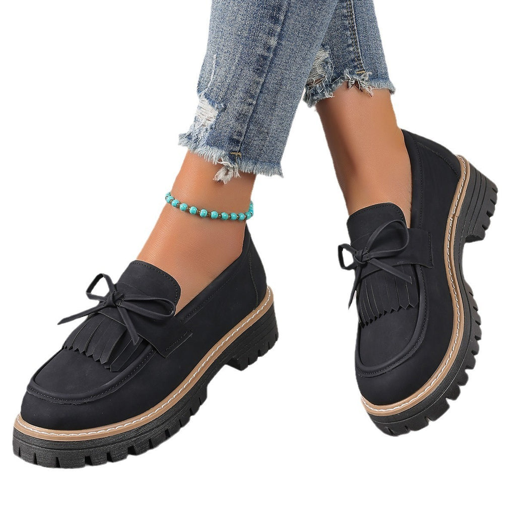 Plus Size Loafers Women Tassel Thick Heel Bowknot