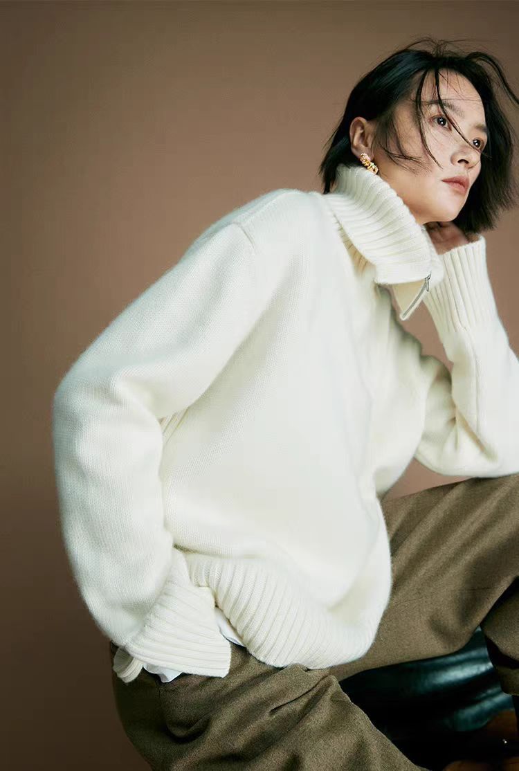 French Style High-grade Large Lapel Half Zipper Pullover