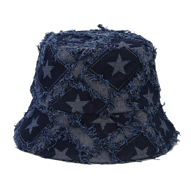 Autumn New Five-pointed Star Raw Edge Denim Bucket Hat