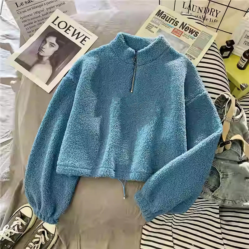 Women's Half Turtleneck Fleece-lined Thick Lambskin Sweater