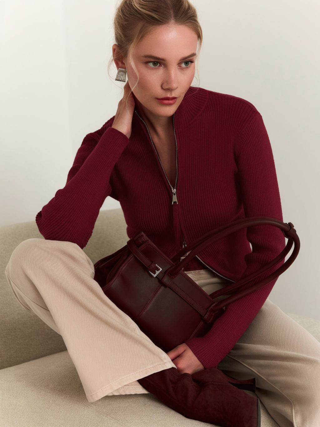 Zipper Slim Fit Top Stand Collar High Waist Trendy Long-sleeve Sweater Bottoming