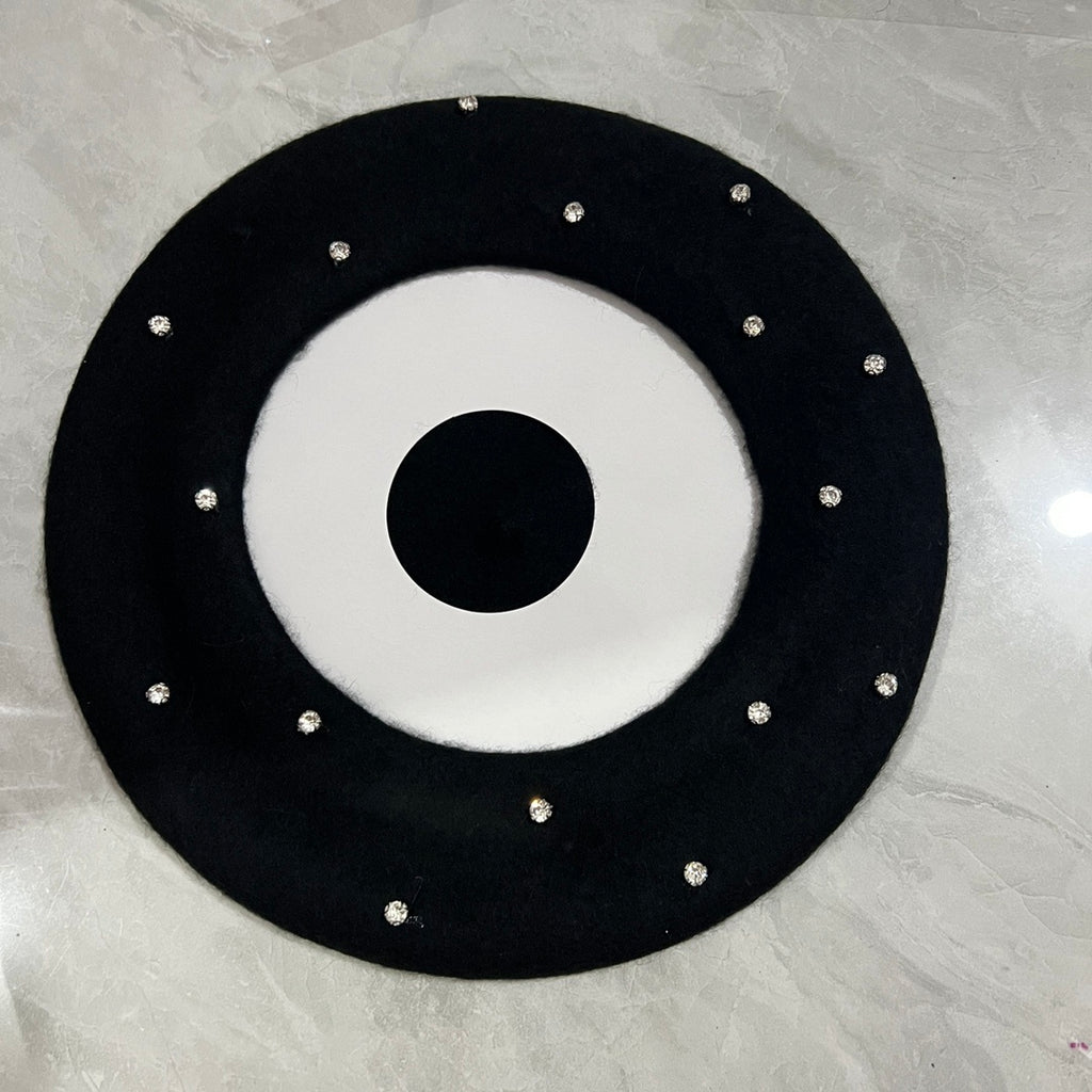 Japanese And Korean Woolen Black Crystal Beret Women's British Retro