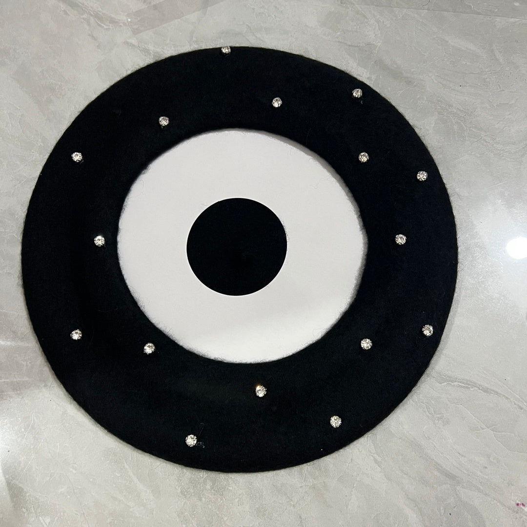 Japanese And Korean Woolen Black Crystal Beret Women's British Retro