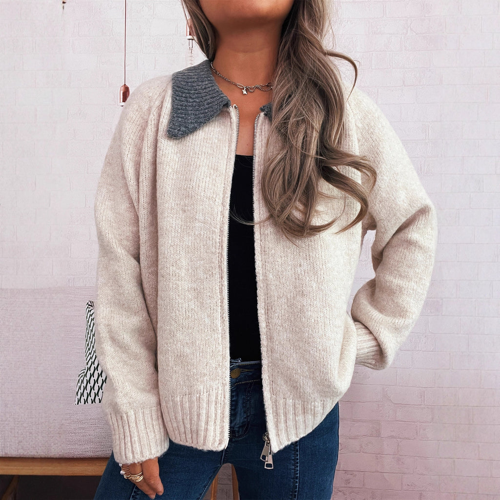 Cute Doll Collar Contrast Color Long Sleeves Zipper Casual Sweater