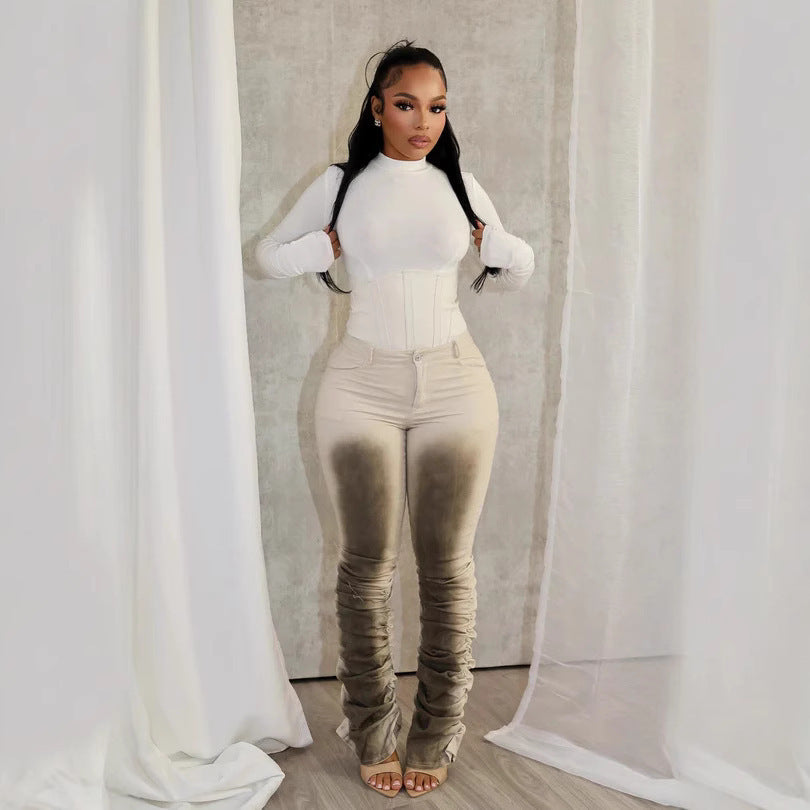 Fashionable Sexy Slim-fit Distressed Retro-style Stacked Pants