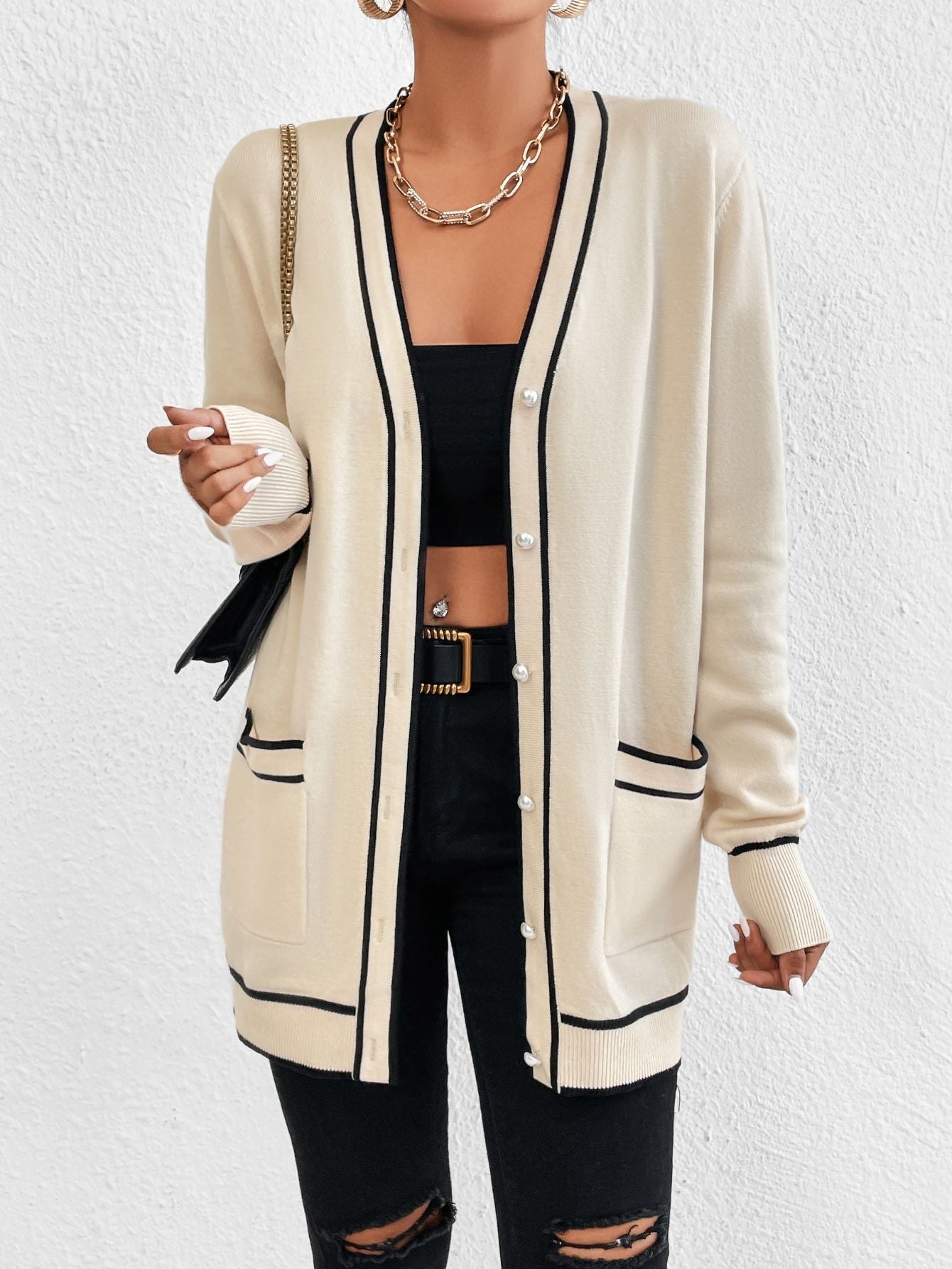 Striped Trim Dual Pocket Cardigan Long Sleeve Tops