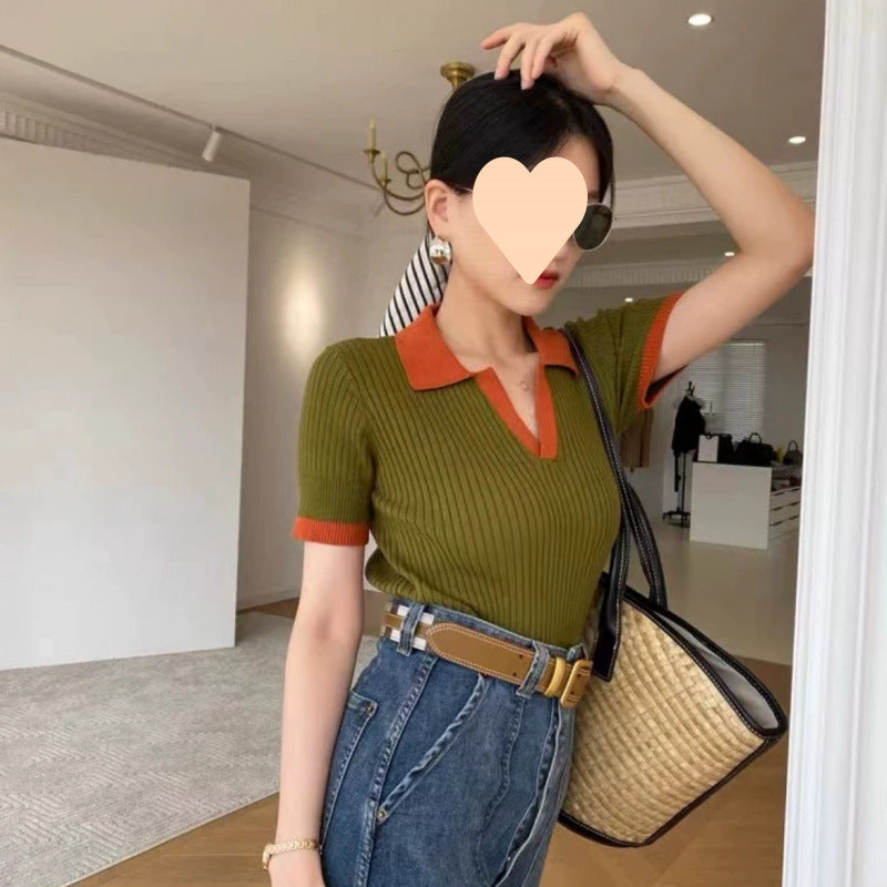 Women's French Retro Color Effect Collar Knitted Short Sleeve