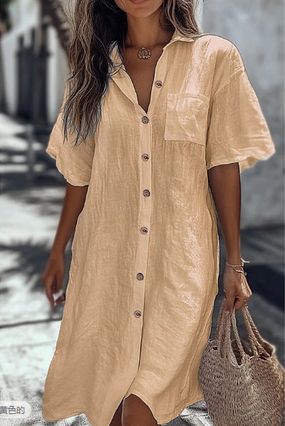 Long Button Short Sleeve Linen Elegant Shirt