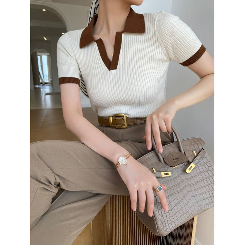 Women's French Retro Color Effect Collar Knitted Short Sleeve